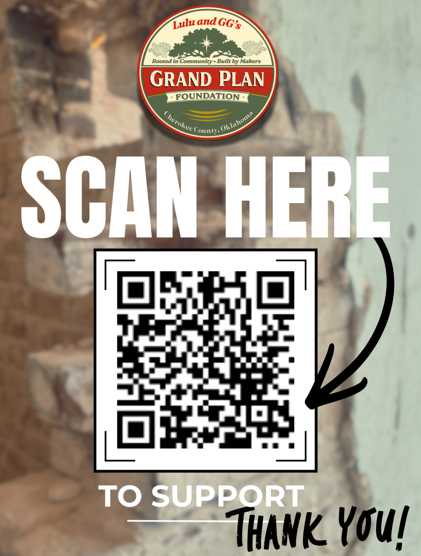 Lulu and GG's Grand Plan Foundation QR code with instructions to scan for support, set against a textured wall background.